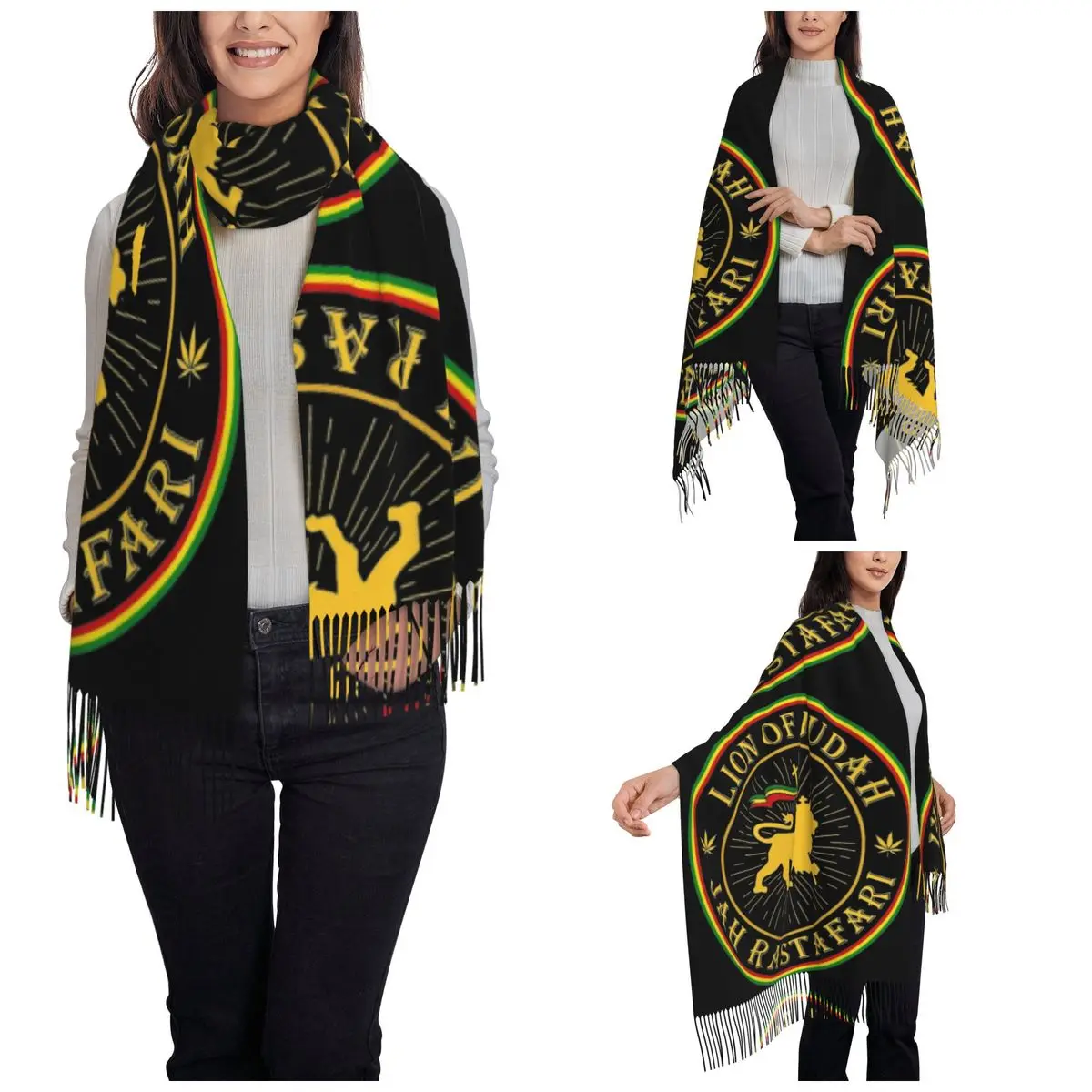 Jah Rastafari Rasta Lion Of Judah Shawls Wraps Womens Warm Long Soft Scarf Pashmina Tassel Scarves