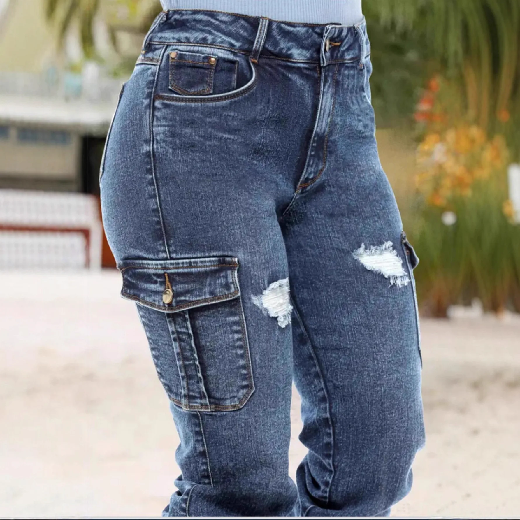 Dames jeans streetwear zakken gesplitste potloodbroek slim fit gaten noodlijdende broek casual denim broek zakken herfst winter