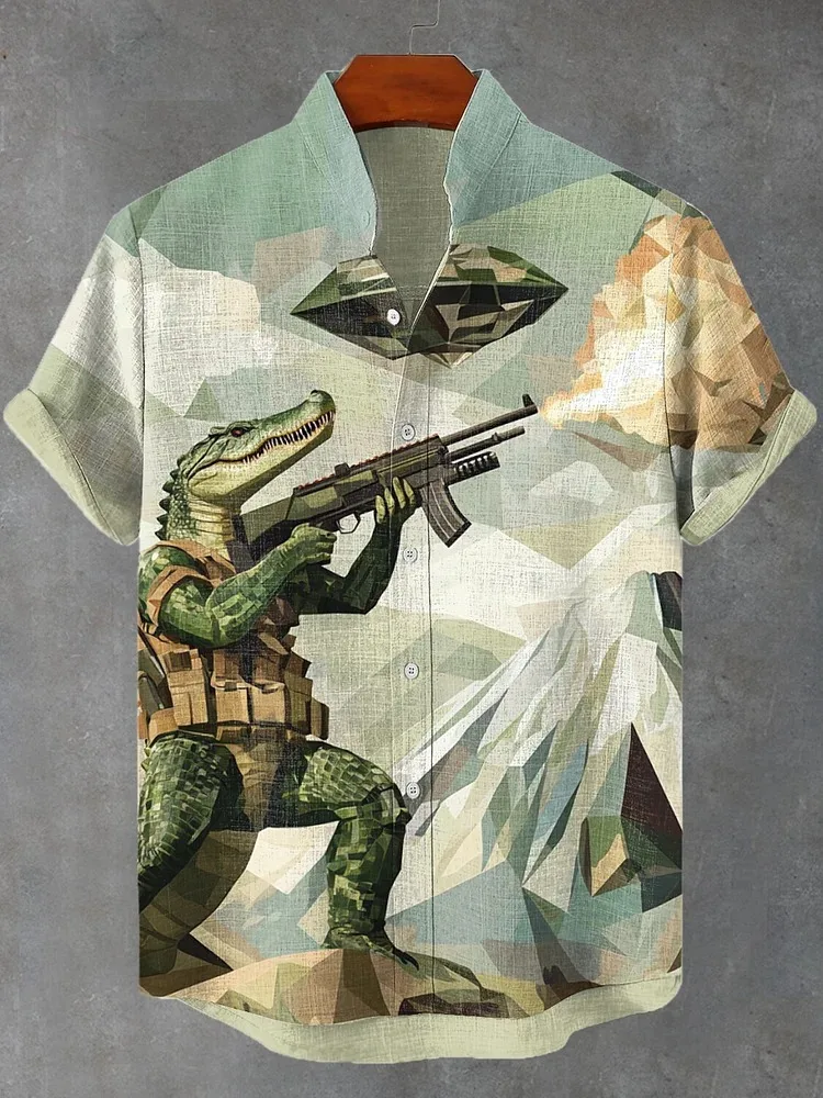 

Men's Crocodile Warrior UFO Sci-Fi Art Print Short Sleeve Shirt Funny Printed American Style Shirts Hot Sale Stand Collar Tunics