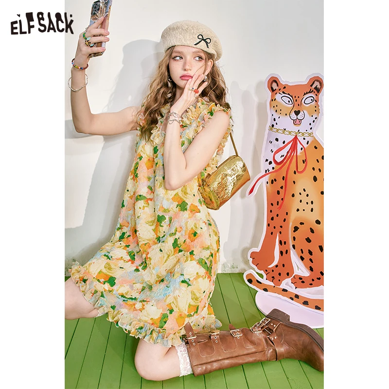 

ELFSACK 2024 Summer New Mushroom Edge Bright Silk V-neck Elegant Fragmented Flower Dress for Women