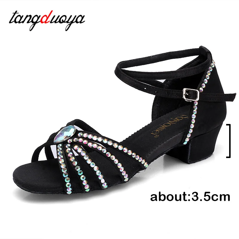 Children dance shoes for girls Soft Bottom rhinestone latin dance shoes women Salsa Performance dance shoes low heels 3.5cm