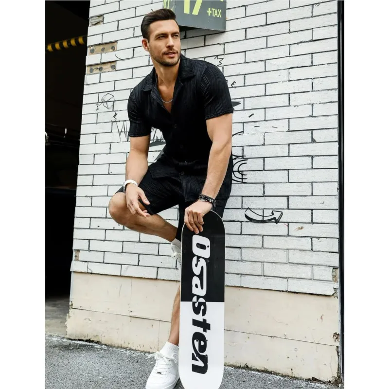 Hawaii Beach Suit Men's casual daily outdoor travel solid color jacquard lapel short-sleeved Shirt drawstring Shorts 2-pice Set