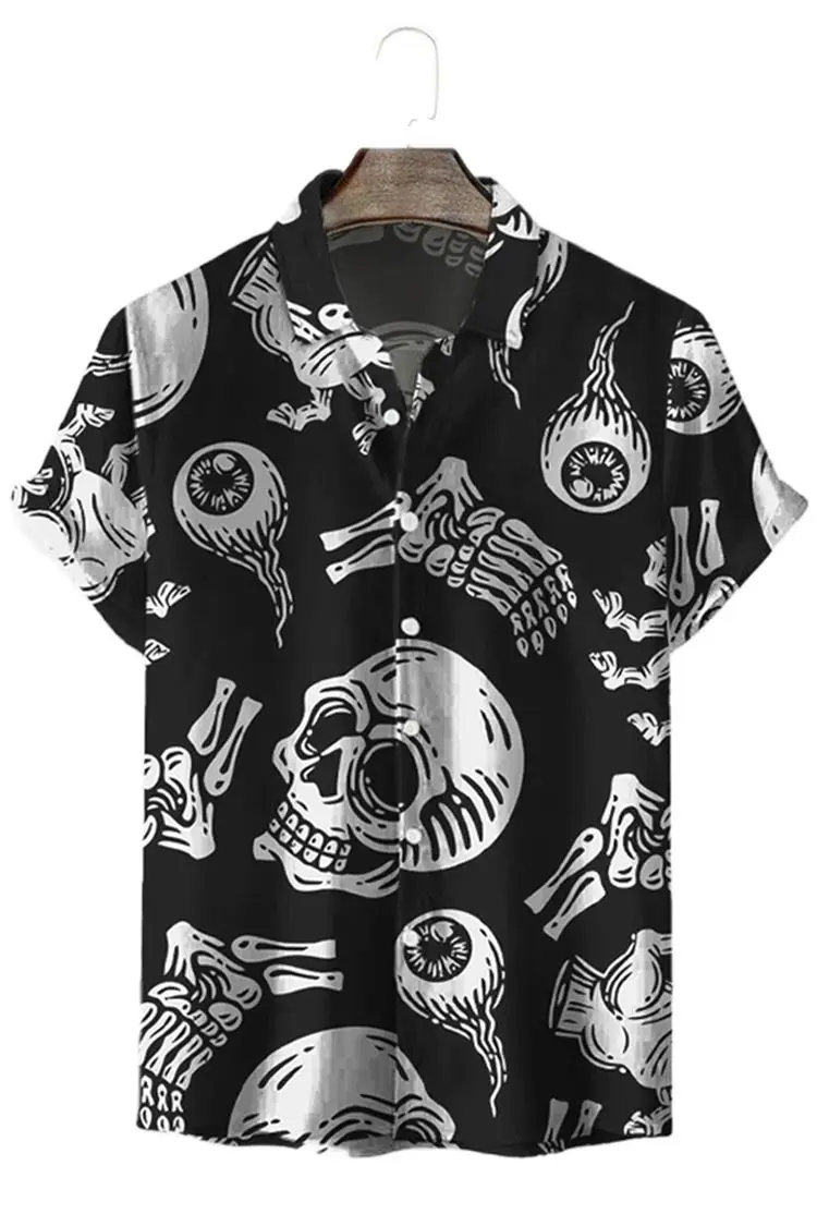 Men's Loose Fit Hawaiian Shirt, Short Sleeve Skull Print Shirt, Summer Casual Regular Button Down Blouse, Beach Style T-Shirt fo