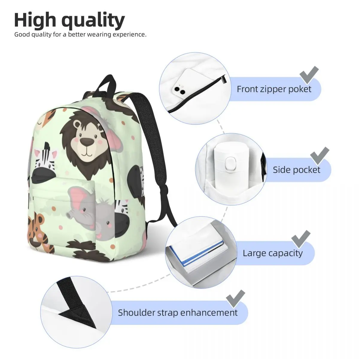 Schoolbag animal selvagem bonito para estudante, Mochila de Ombro Safari Africano, Bolsa para laptop, Bolsa escolar