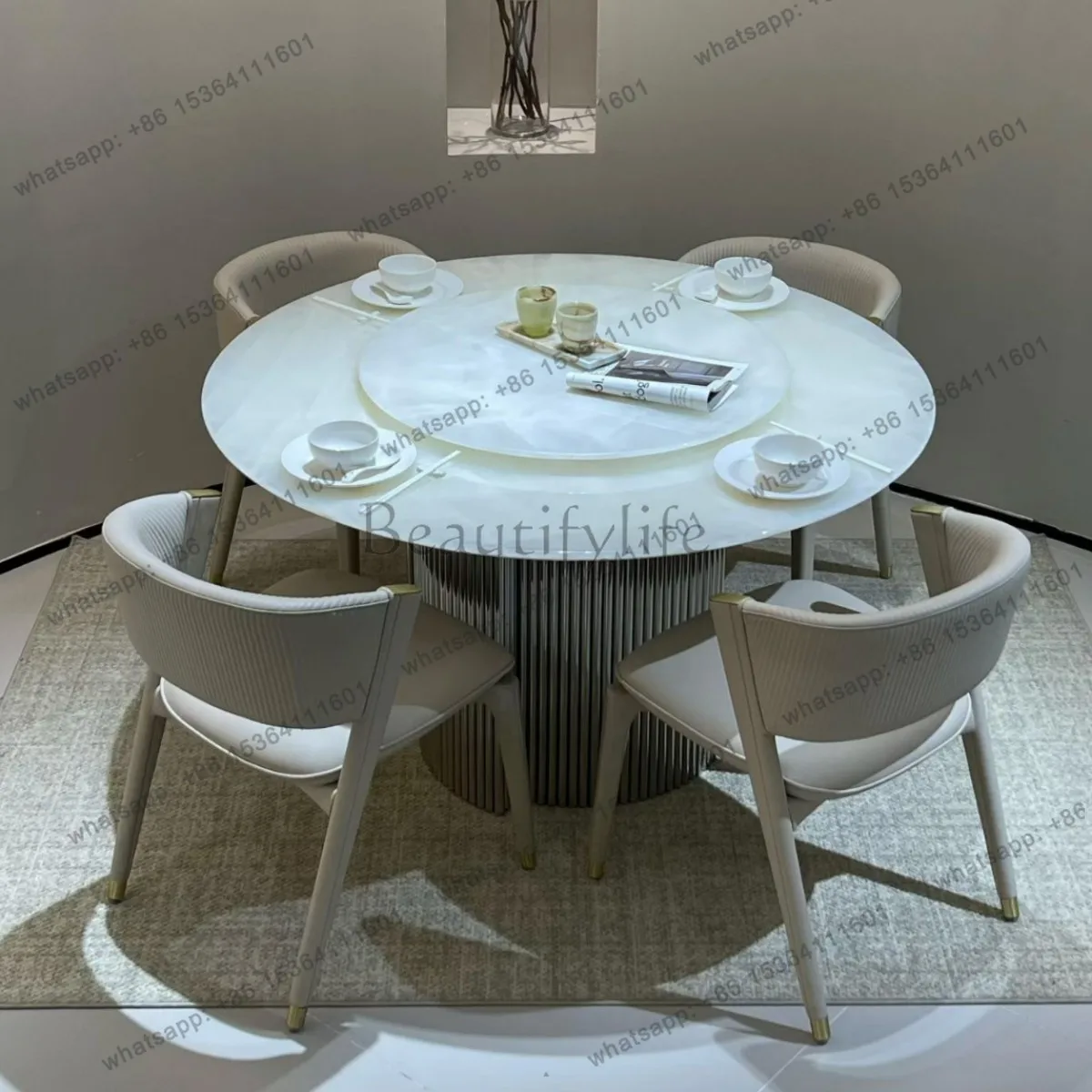 Ice age natural luxury stone round dining table Italian light luxury large ice jade home living room round dining table
