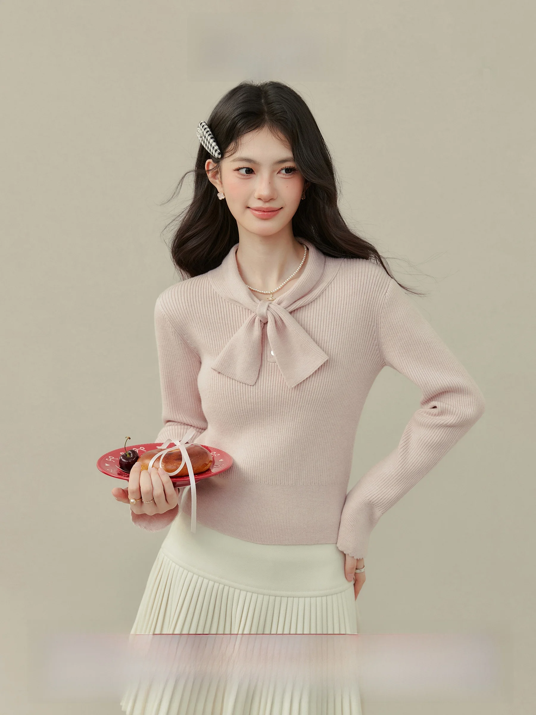 

Розовый вязаный свитер с бантом и длинными рукавами, женский нежный базовый слой, романтический топ с эффектом колокольчика, внутренняя одежда от Wang Qixi