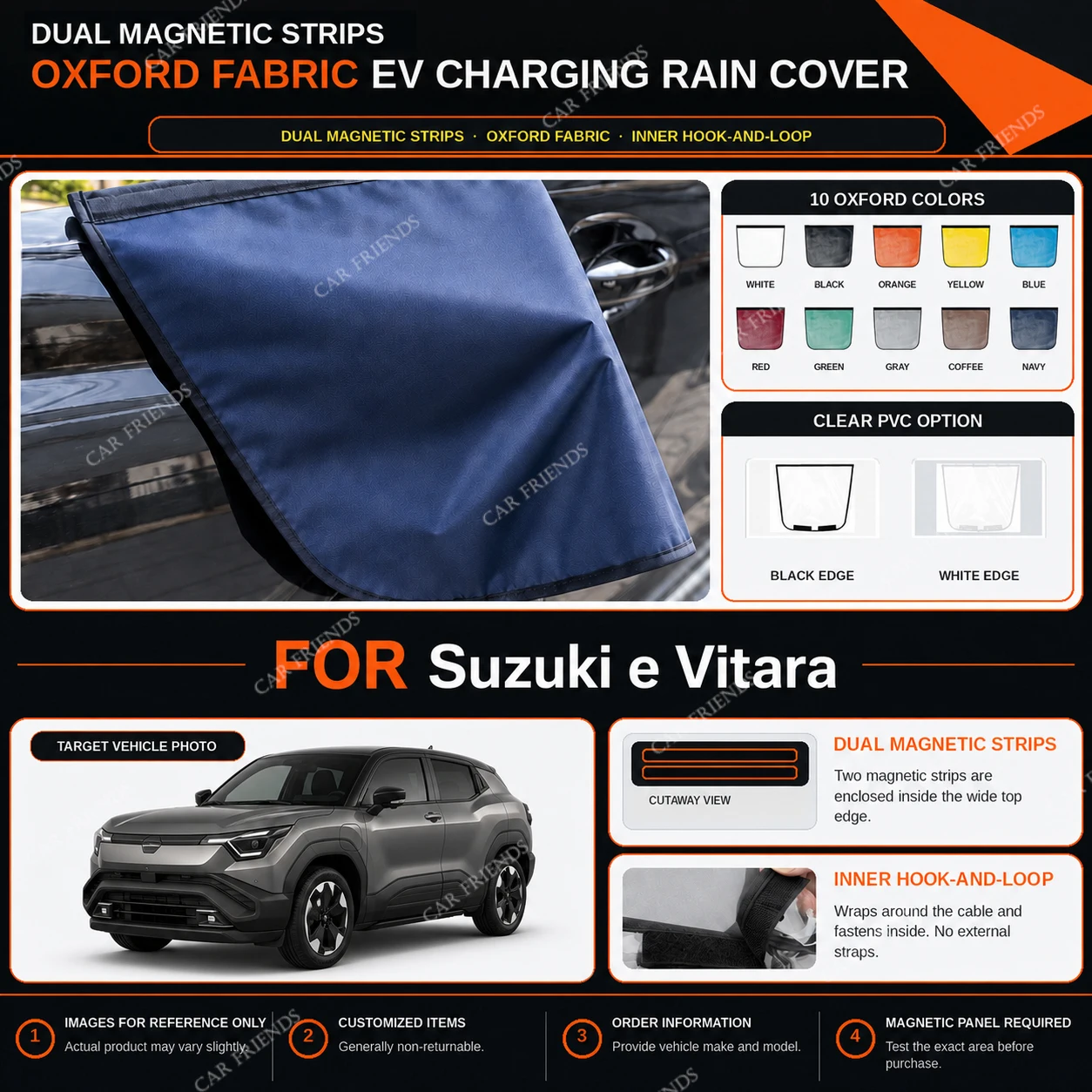 For Suzuki e Vitara Oxford Fabric EV Charging Port Rain Cover with Dual Magnetic Strips Water-Repellent Outdoor Charging