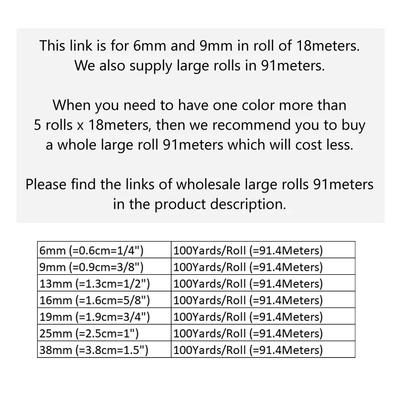 6mm 1/4“ 9mm 3/8“ Grosgrain Ribbon Solid Colour High Quality 100% Polyester Grosgrain Ribbon Tapes