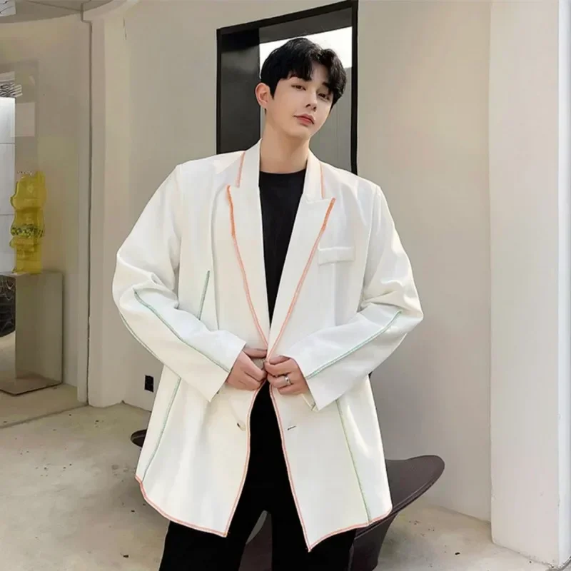 

2024 Chic Casual Blazer Men Oversized Suit Jacket Coat Black White Colored Lines Korean Style Streetwear Clothing Hip Hop Man