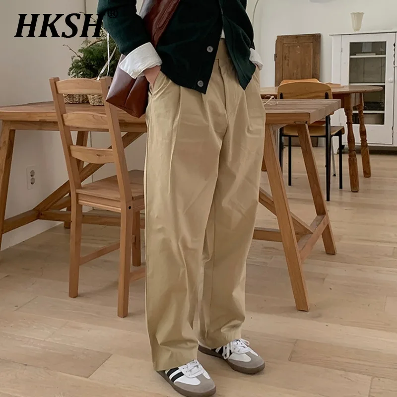 

HKSH Korean Spring New Double Pleated Cotton Casual Suit Pants Men's Tide Light High Sense Straight Chic Fashion Trousers HK0431