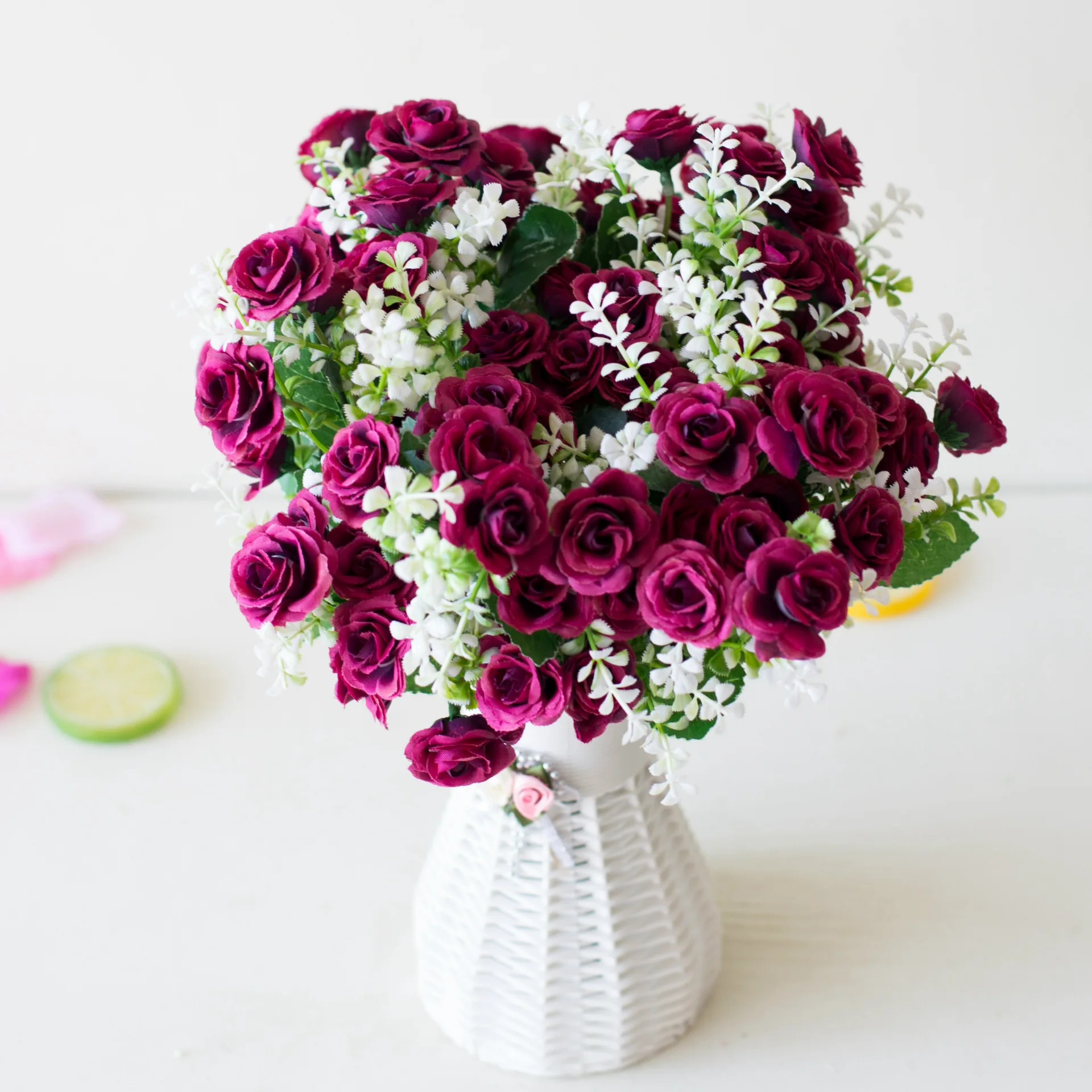 30cm 15Heads Artificial Mini Roses Flower Bouquet Home Living Room Office Desktop Ornament Fake Flowers Wedding Party Decor 4