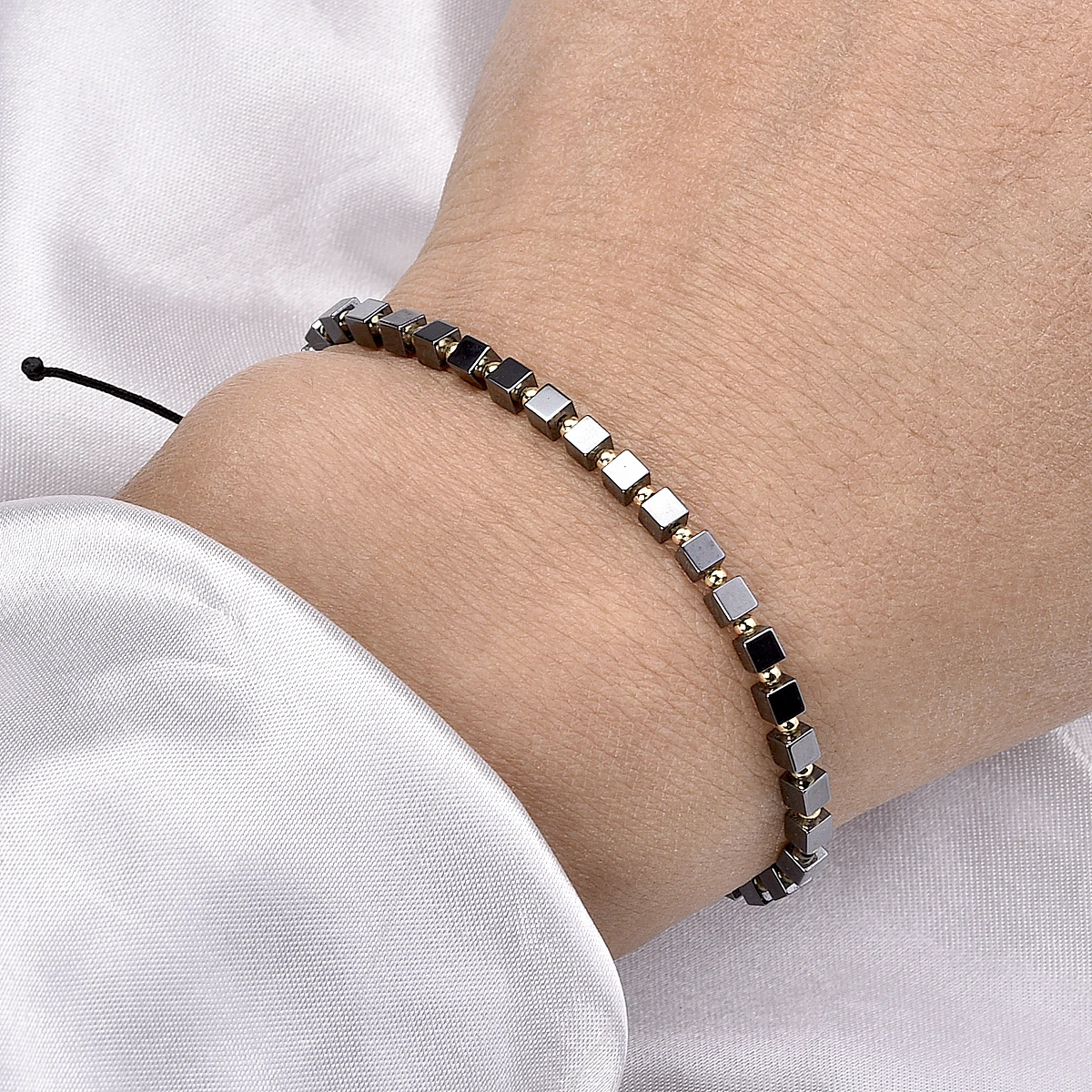 Dainty 3mm Small Square Black Hematite Bracelet for Women 14k Gold Plated Copper Bead Braided Bracelets