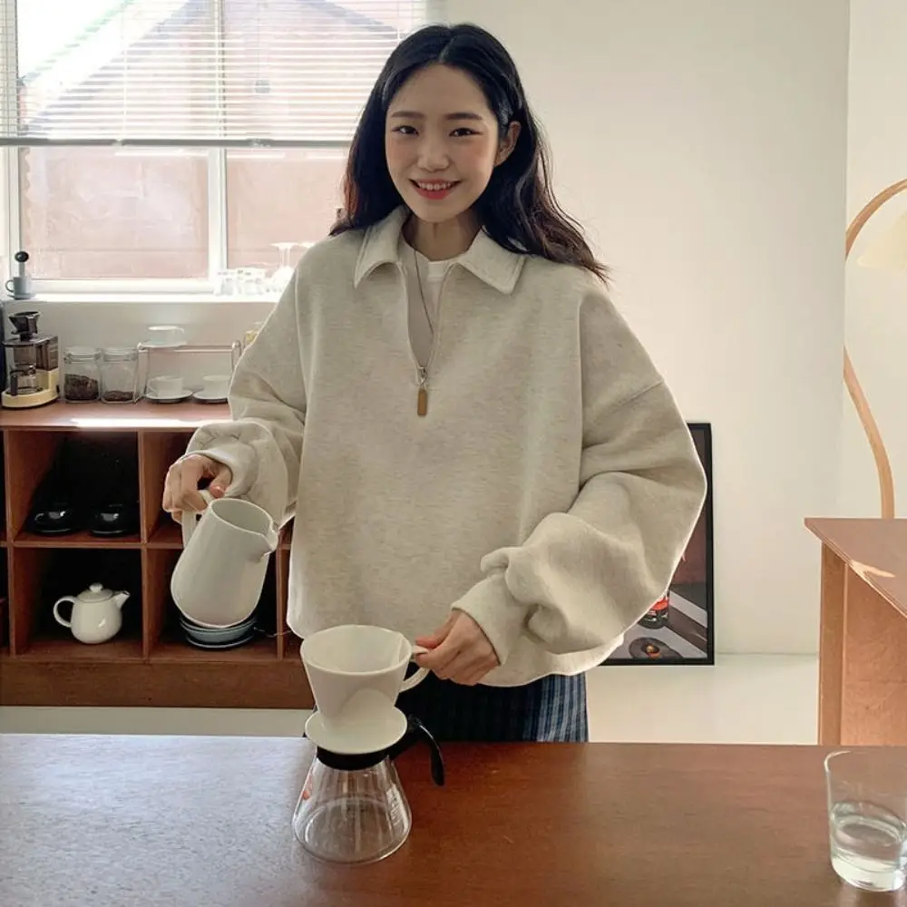 เสื้อฮู้ดแขนยาวคอเต่าครึ่งตัวทรงหลวมสไตล์เกาหลีสำหรับฤดูใบไม้ร่วง มีซิป เหมาะสำหรับผู้หญิงเดินทาง