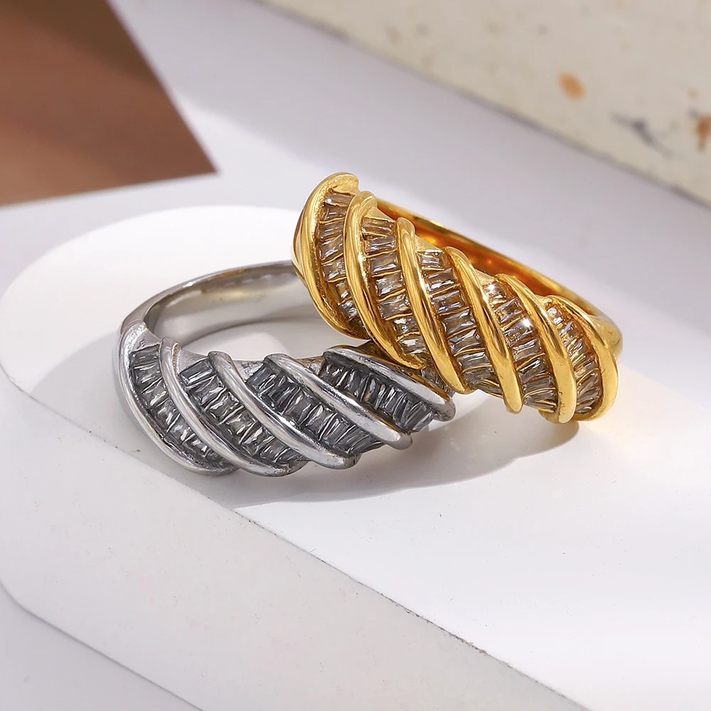 E.B.belle Kreativer Personalisierter Gedrehter Rechteckiger Zirkonring, Besonderes Design, Rostfreier Edelstahlschmuck für Frauen – Detail 7