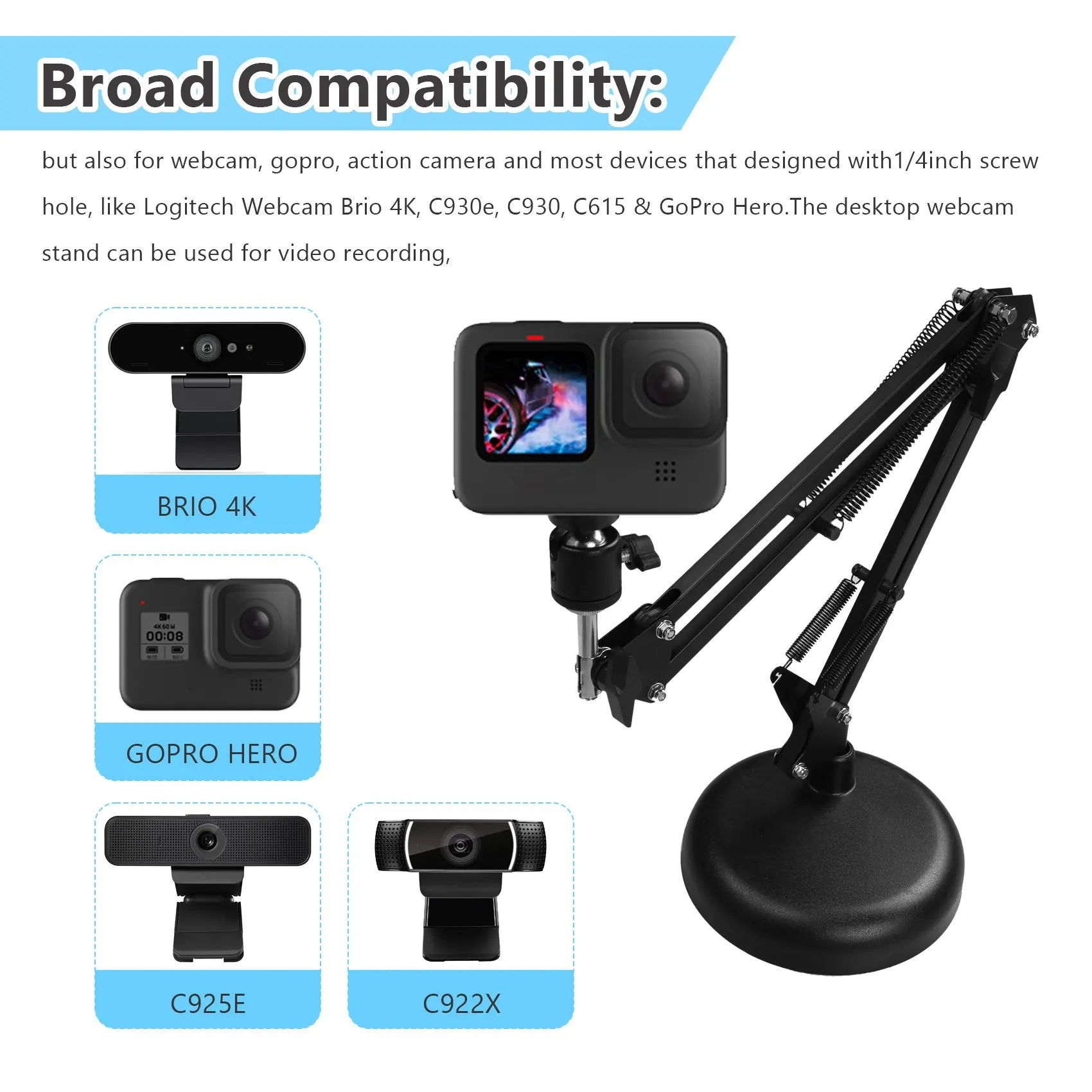 Webcam Stand for Desktop Suspension Boom Scissor Arm Stand with Upgraded Round Base,for Logitech WebcamJAS