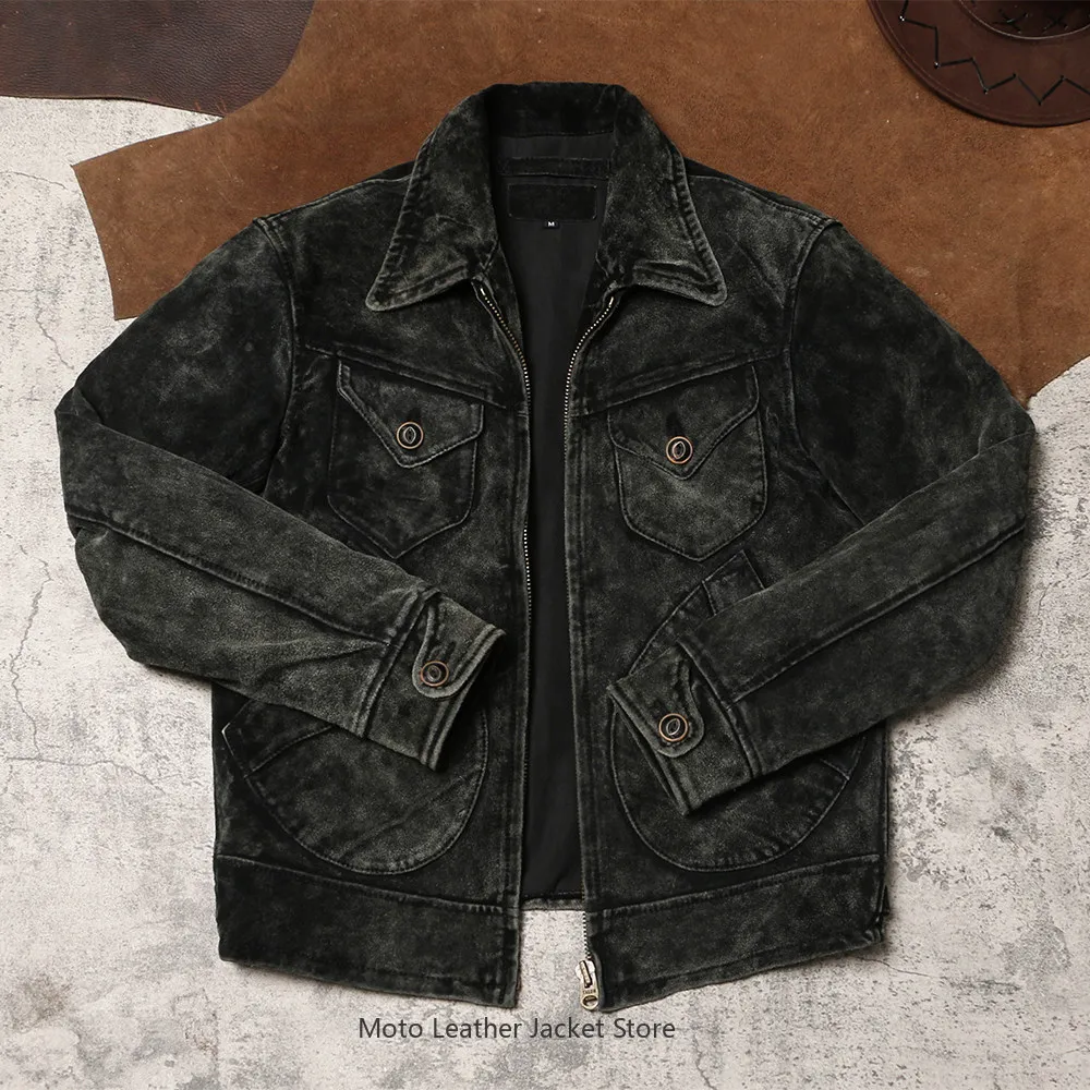 Chaqueta de cuero genuino de vaca con efecto envejecido American Vintage Mendoza, estilo Amekaji, con solapa, corta, retro.
