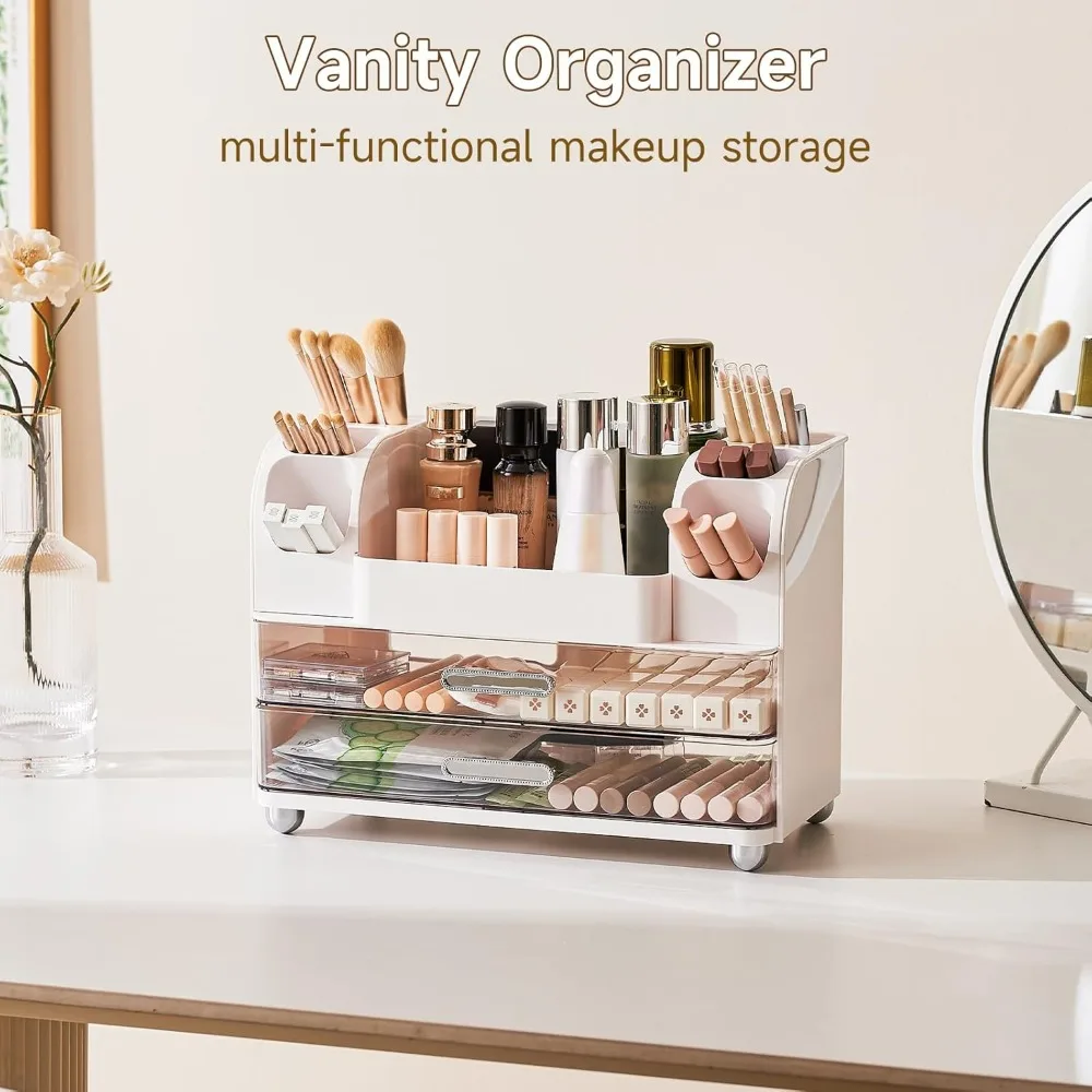 White Makeup Organizer with 2 Large Drawers, Brush Holders for Vanity Bathroom Countertop Office Desk Storage