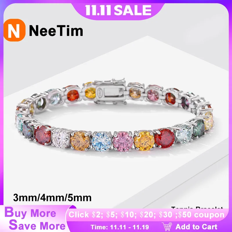 

NeeTim 3mm 4mm 5mm Colorful Rainbow Moissanite Tennis Bracelets for Women s925 Sterling Silver Plated White Gold Bracelet Chain