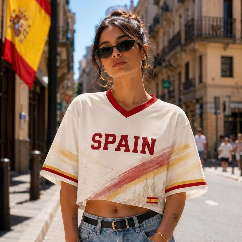2026 New Spanish Flag Printed V-neck Short T-shirt Summer Women Football Style Support Top T-shirt Street Trendy Women's Top