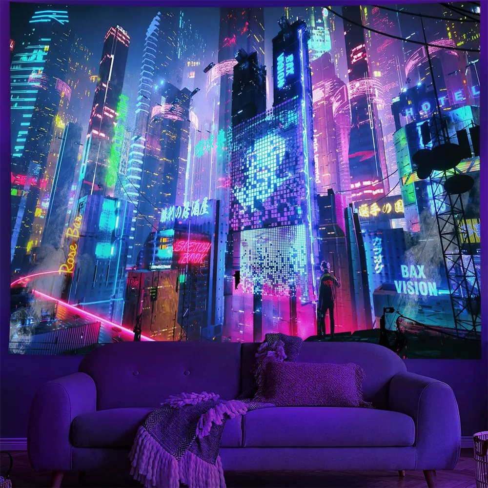 

Cyberpunk City Sci-Fi Tapestry UV Reactive Blacklight Neon Futuristic Wall Hanging Peach Skin for Bedroom Living Room Decor
