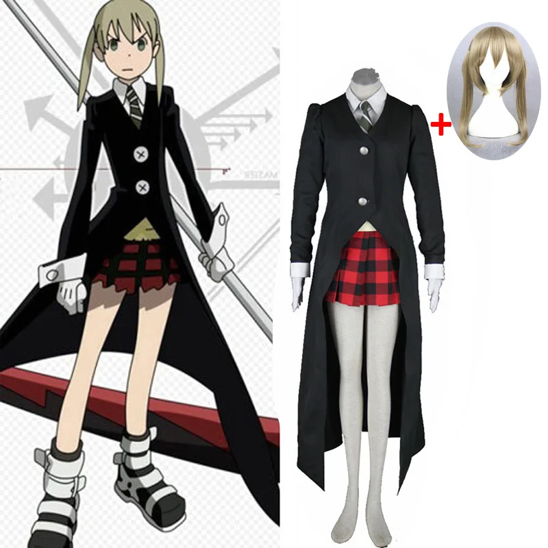 

6 PCS Soul Eater Maka Albarn Cosplay Costume for Women Girl Skirt Set Trench Uniform Halloween Carnival Party Costume Blonde Wig