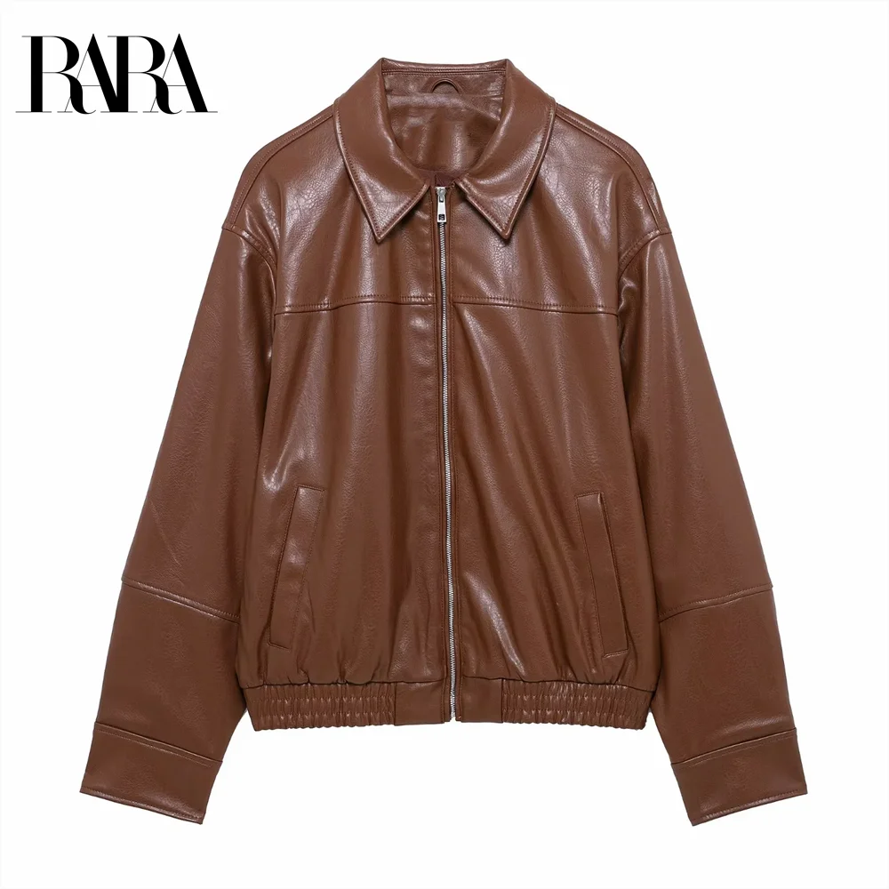 

2025 RARA Women's Stylish Lapel - collar Zippered Faux Leather Jacket in Rich Brown for an Edgy Fashion Statement