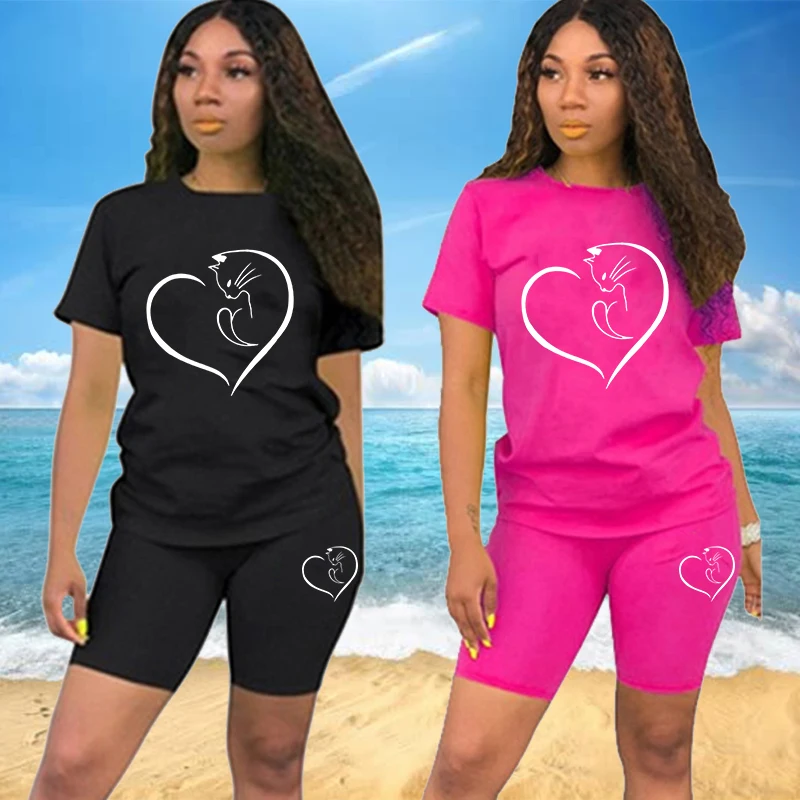 Casual Two-Piece Set for Women, Monochrome Tracksuit, Short Sleeve Tee Top, Biker Shorts, Above Knee Pants Suit, Outfits