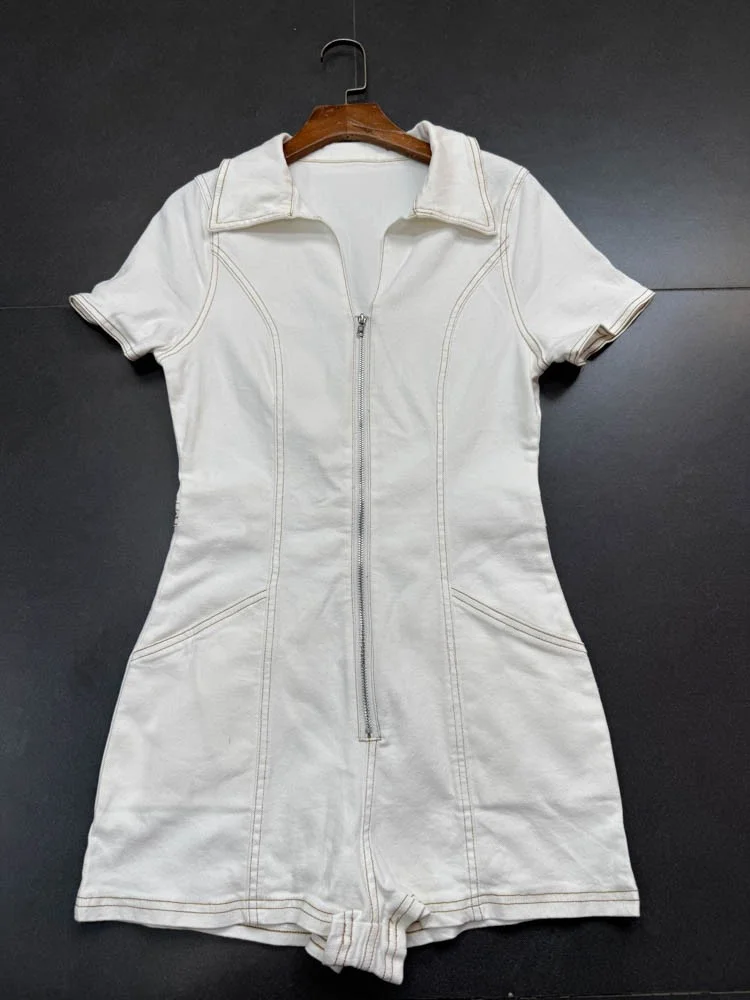 

Summer Thin Ne ort Sve One-Piece Jeans Suit ow Figure Simple Design Straight Tube Cotton Blend ort Length