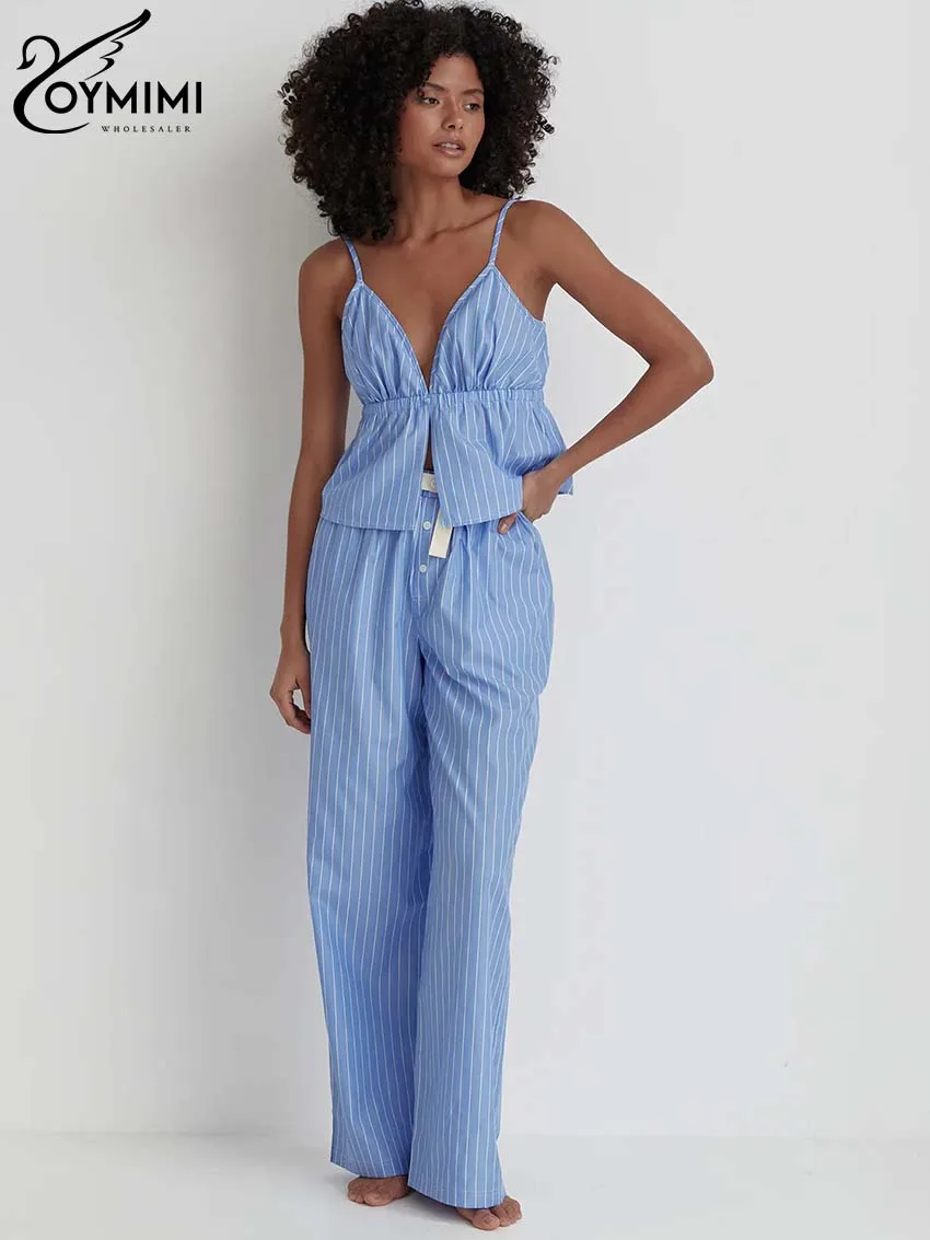 Oymimi Casual Blue Print 2 Piece Sets Women Outfit Fashion Spaghetti Strap Deep V-Neck Tops And High Waist Button Trousers Sets