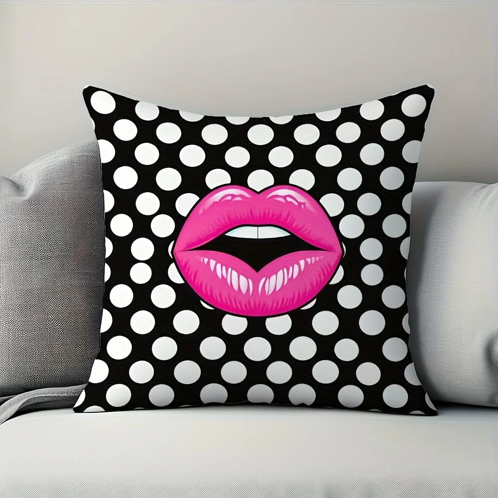 Pop Art Lips Pillow Case, Black White Polka Dot Cushion Cover, Retro Pink Mouth Decor, Fashion Home Textile, Gift for Her