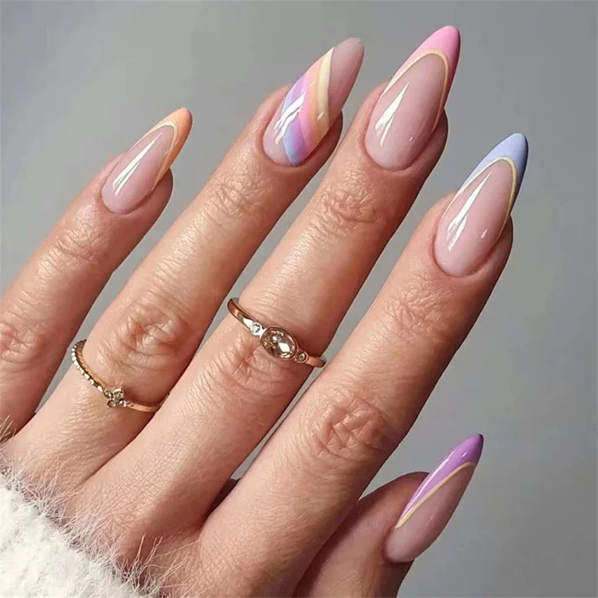 24Ps/Set No Scratch Fake Nail Chips Removable Adhesive Almond Press on Nail Full Cover Colourful Stripes Wearing False Nails Art