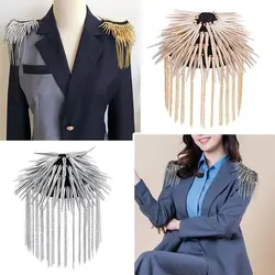 Tassel Chain Shoulder Board Badges Beads Punk Goth Rivet Spike Stud Epaulet Shoulder Metal Brooch for Man Suit
