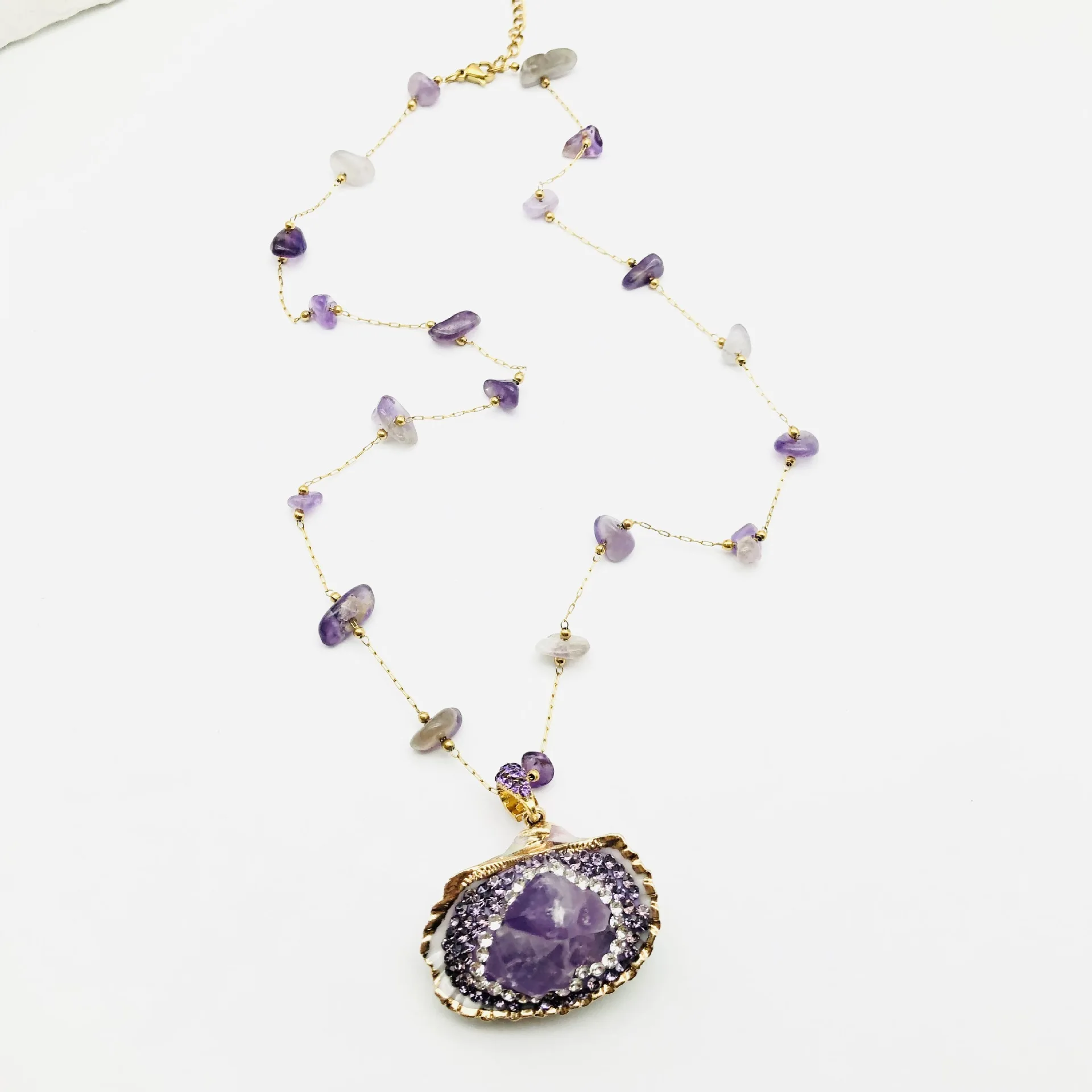 Shell Inlaid Amethyst Pendant Necklace Long Swear Chain Women Necklaces Charm Purple Crystal Choker Collar Fashion Jewelry Gifts