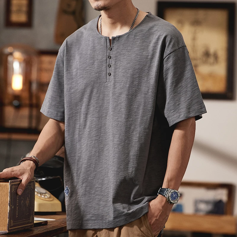 

Streetwear Men's Retro Henry Collar Short-sleeved T-shirt High Quality Retro Sold Color Short Sleeve Summer T-shirt Man Clothes