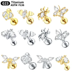 1PC ASTM F136 Titanium Ear Cartilage Earring Butterfly Tiny Tragus Stud Helix Conch Flatback Piercing 16G Animal Body Jewelry