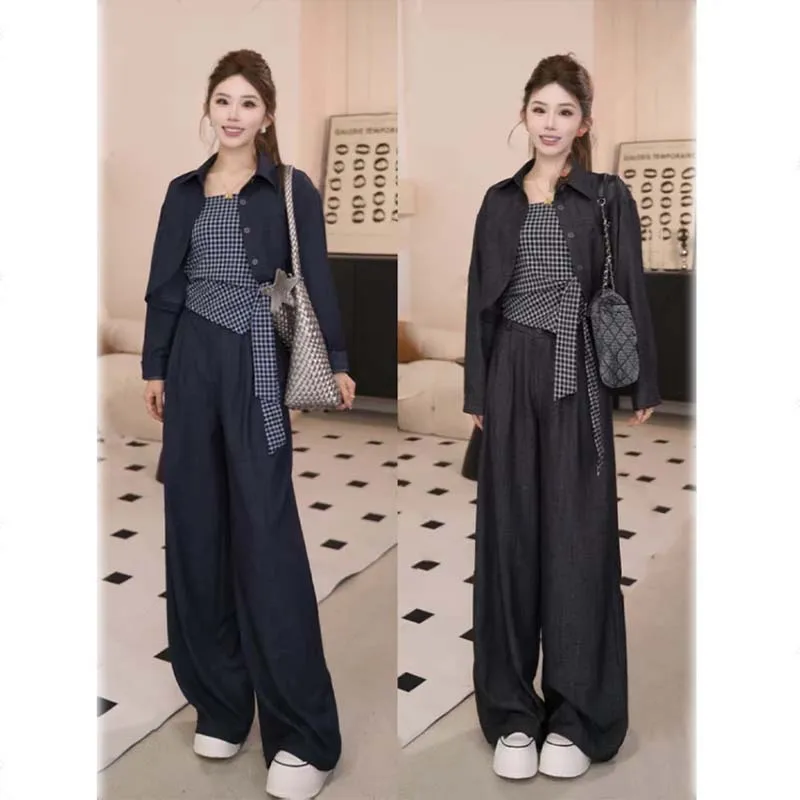 

Fashionable Plaid Belted Coat Wide Leg Pants Three Piece Set Elegant Autumn Outfit Women's Long Sleeve round Neck Polyester