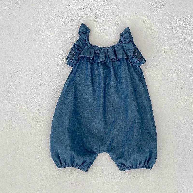 0-2T Newborn Romper Summer New Girl\'s Little Flying Sleeves Denim Creeper Casual Blue Versatile Girl\'s Sling Jumpsuit