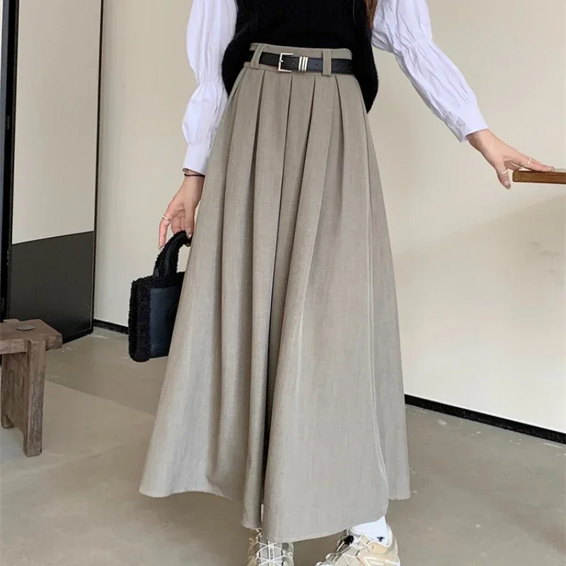 

2023 Preppy Style New Women Skirt Korean Solid Color Versatile Mid Length Pleated Skirt Female Elastic Waist Y2k Skirt