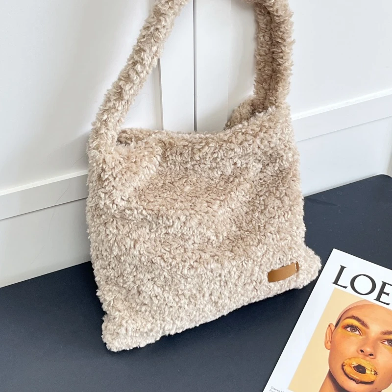 Women Winter Teddy Fleece Hobo Bag Soft Fuzzy Plush Large Capacity Casual Daily Shopping Ladies Underarm Shoulder Handbag