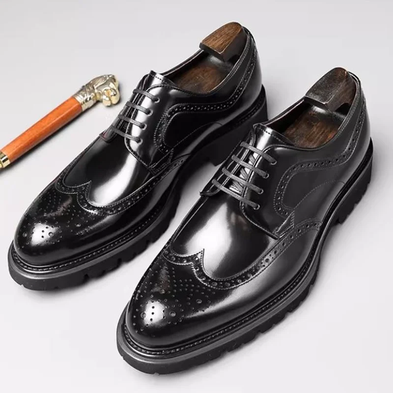 High-end Split-grain First-layer Cowhide Sheepskin Lining Brogue leather Shoes Men's Dress Shoes Lace-up Business Formal Shoes