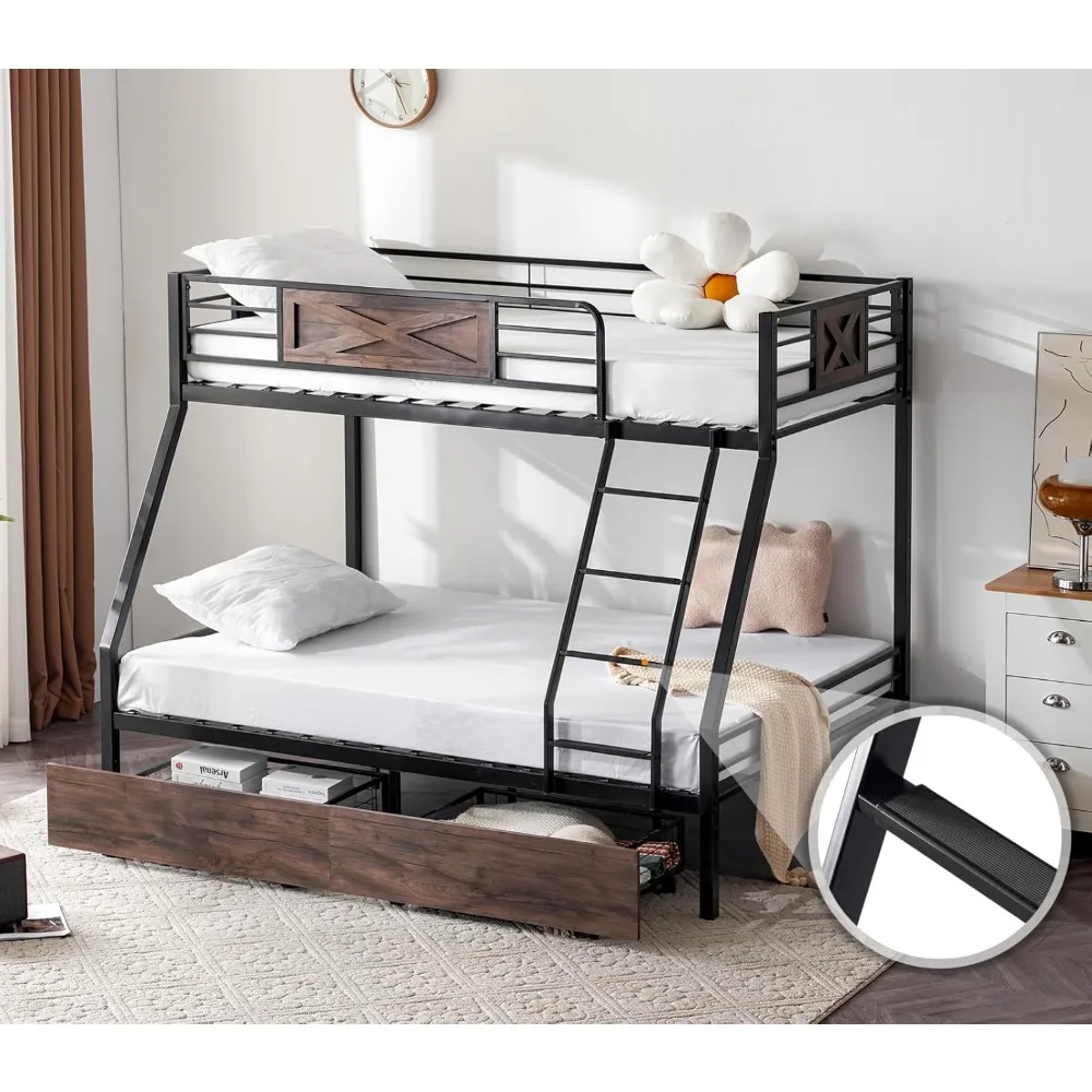 Bed Twin Over Full Size with 2 Storage Drawers/Flat Rungs/Inclined Ladder, Heavy Duty Metal Slat Support, Bed Bases & Frames