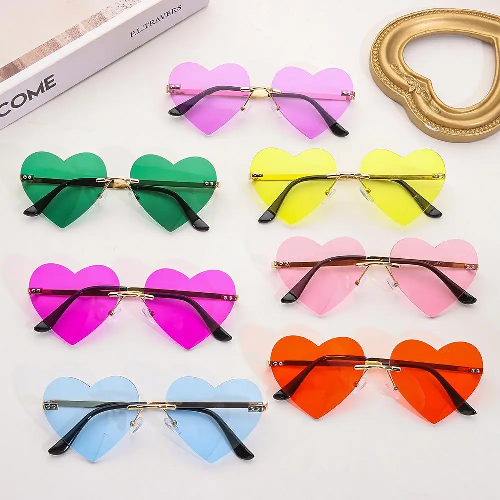 Halloween Cosplay Costume Party Metal Sun Glasses Heart-Shaped Rimless Heart Sunglasses Pink Hippie Sunglasses