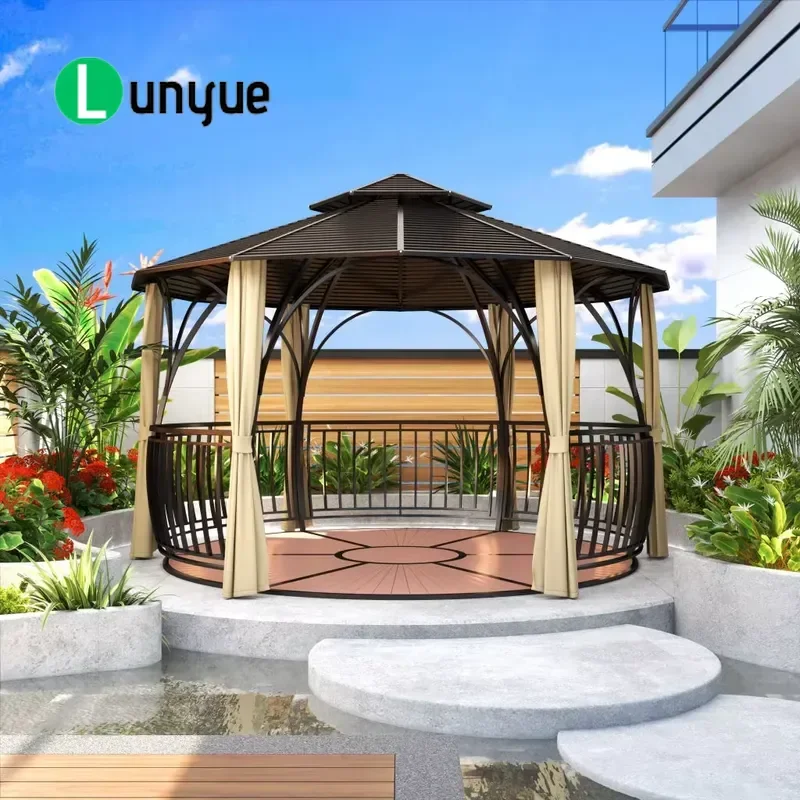 4. Galvanized Steel Double Roof Round Gazebo with Plastic Floor Outdoor Garden Patio Party Tent Durable Weatherproof
