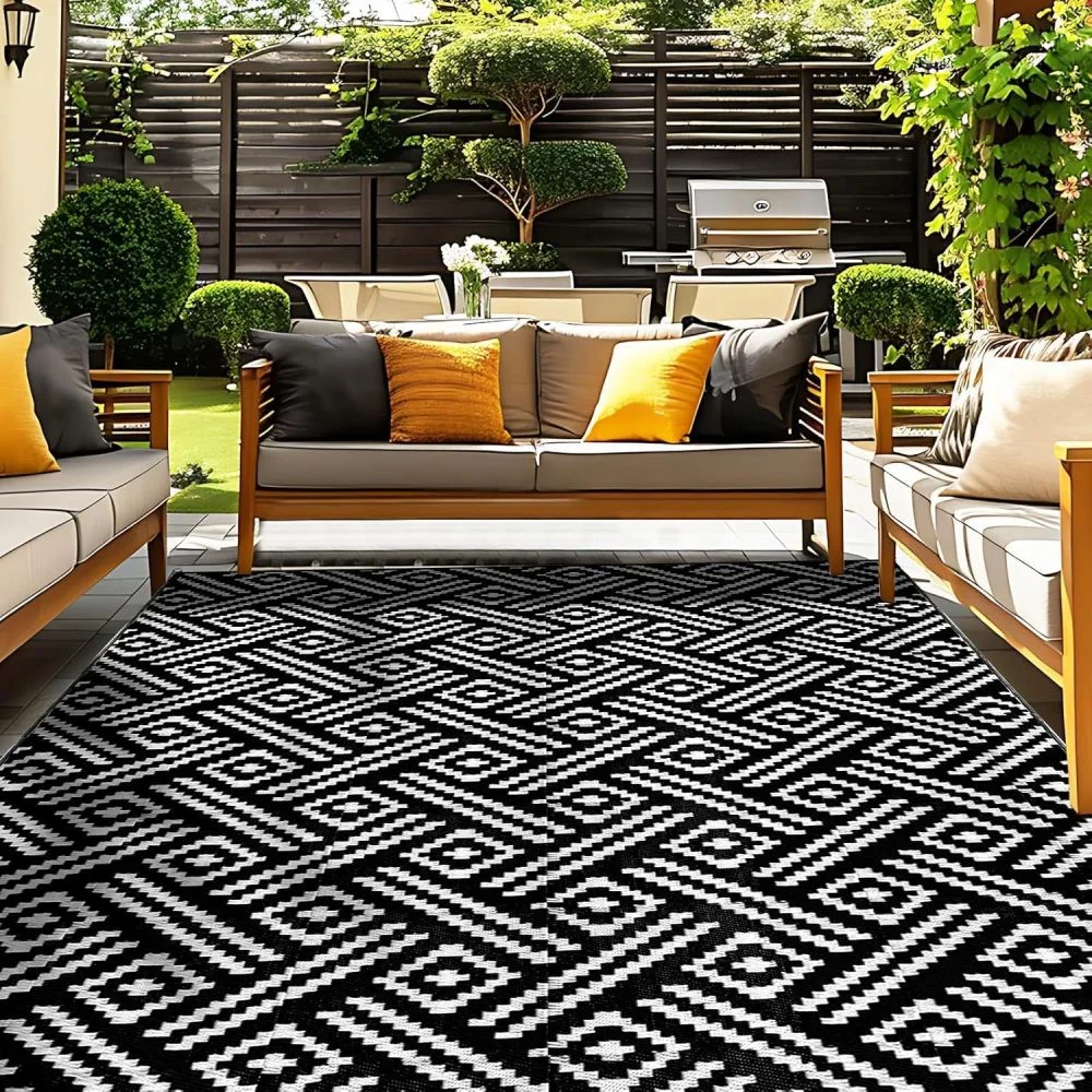 VIKAMA Schwarz-Weißer Geometrischer Outdoor-Teppich Wasserdicht Rutschfest für Terrasse Balkon Camping Wohnzimmer Schlafzimmer