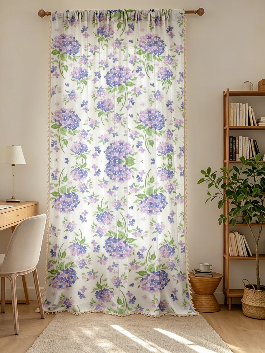 1PC Floral Tassel Sheer Curtains, Purple Lilac Bloom, Digital Print, Linen Polyester, Bedroom Living Room, Home Decoration