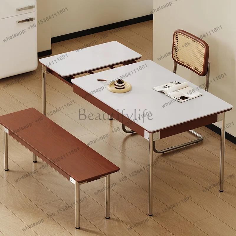 Nordic Japanese retractable slate dining table, solid wood foldable small apartment dining table