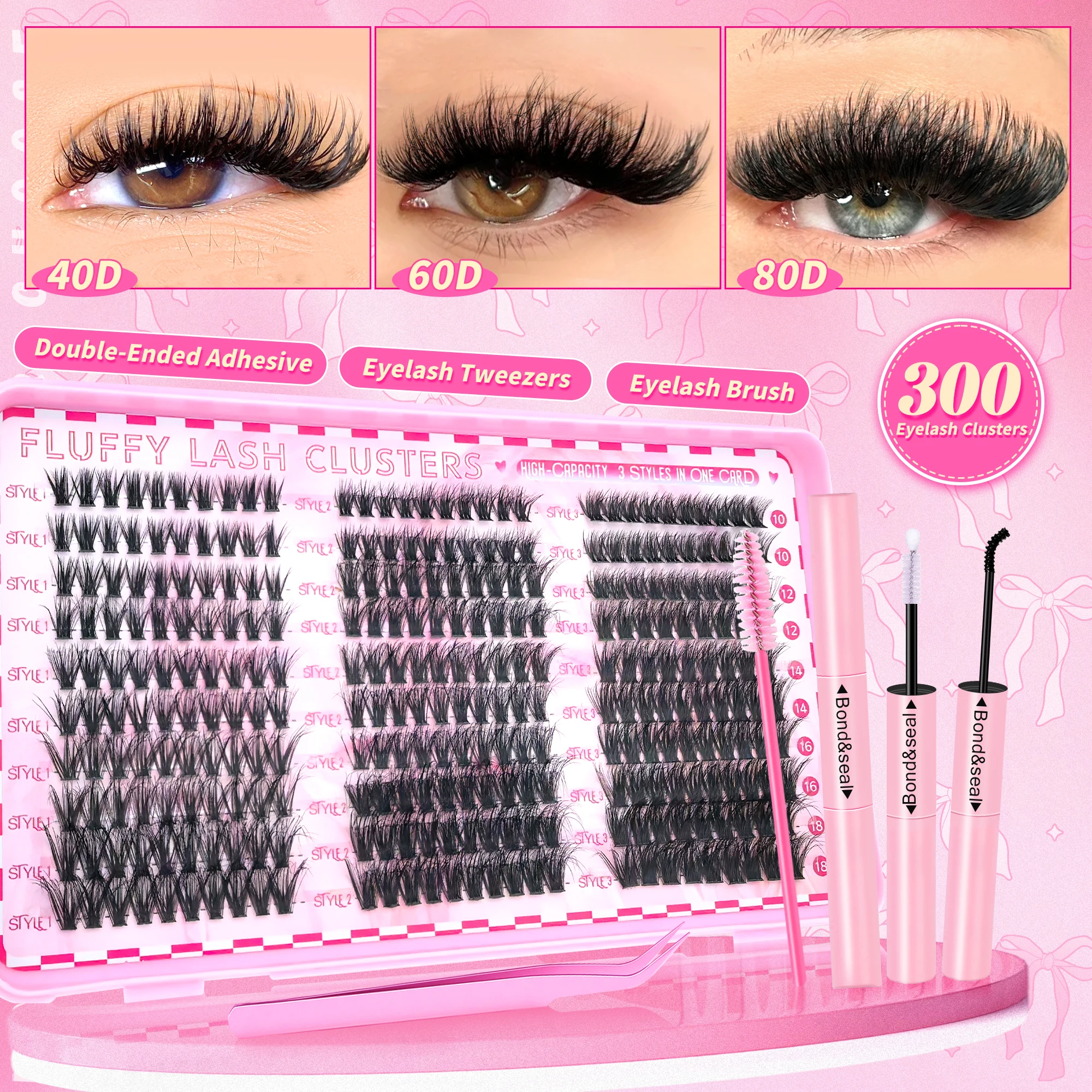300PCS/40D60D80D Gemengde stijlen 9-16 Gemengde lengtes D opgeklopt vakantie wimpers set, geschikt voor podium, feest, festival enzovoort.