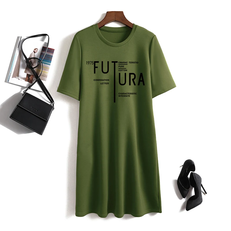 

Office Lady Letter Printed Long T-shirt Summer Loose Straight Short Sleeve Cotton Tunic Women O-neck Basic Tops Long Style