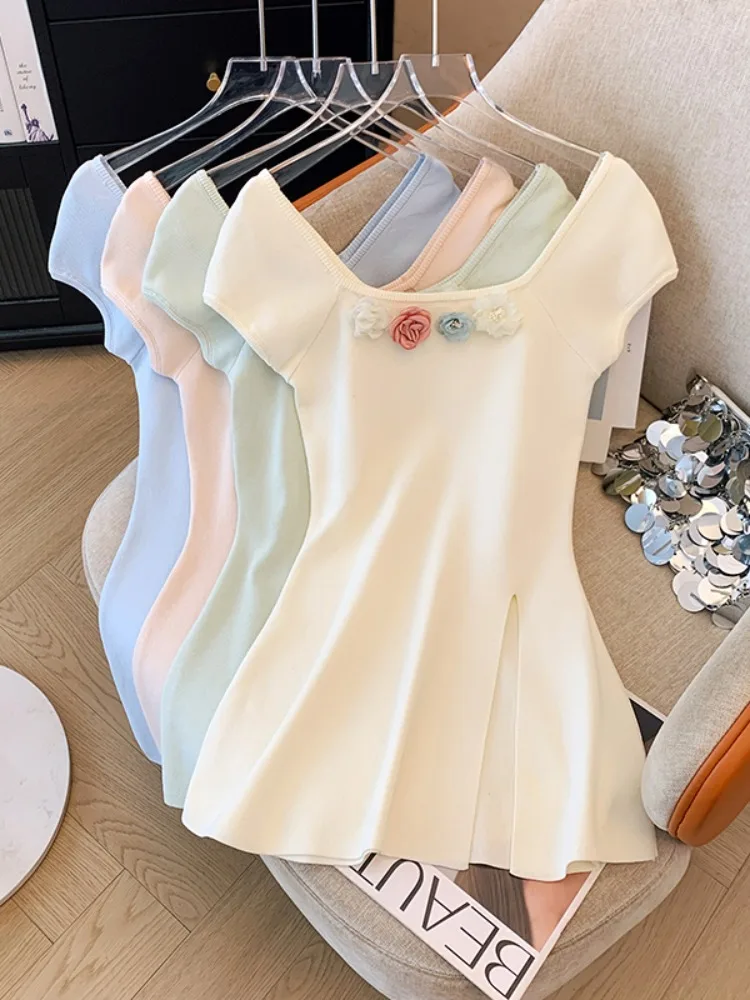 

Sweet Sexy Floral T-Shirt Women's Korean Style Square Collar Top Waist Cinching Lace Hem Split Commute Fashion Summer New