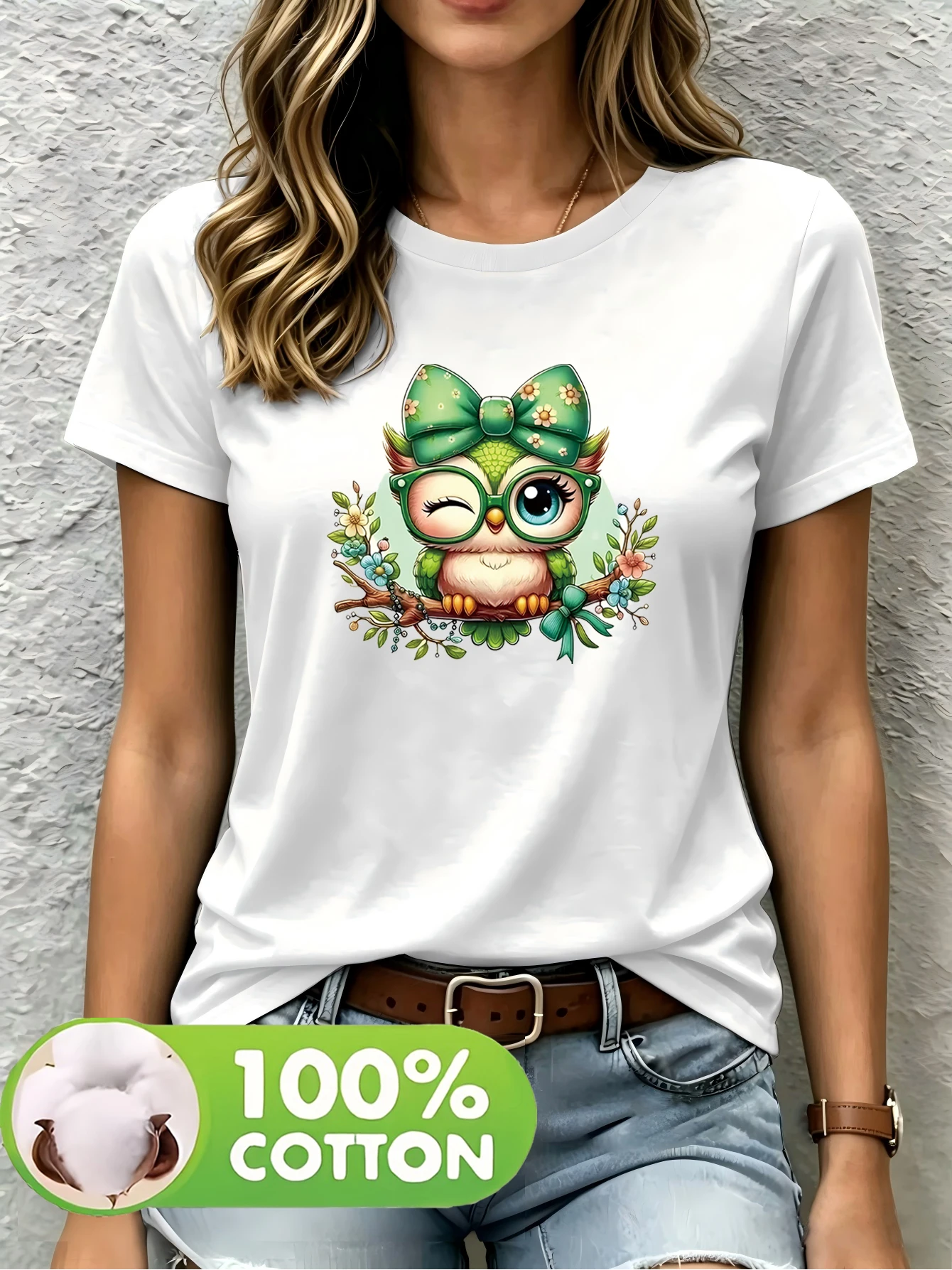 100% Cotton Material, 1 Pack, Women’s Solid-Colored Printed Round-Neck T-Shirt, Cotton Fabric, Comfortable and Breathable